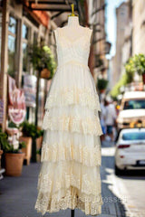 Champagne Lace Formal Prom Dress A-line V-neck Elegant Evening Dress