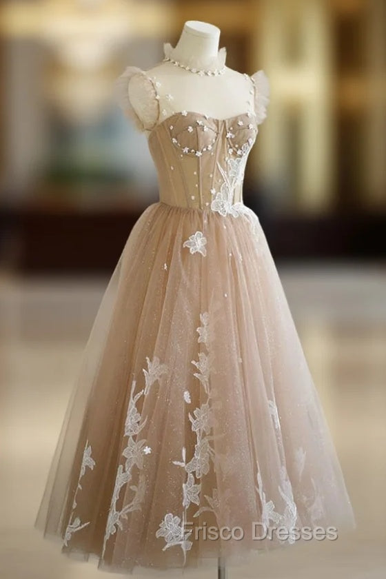 Champagne Lace Short A-Line Formal Prom Dress, Cute Homecoming Party Dress Main image