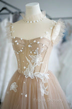Champagne Lace Short A-Line Formal Prom Dress, Cute Homecoming Party Dress