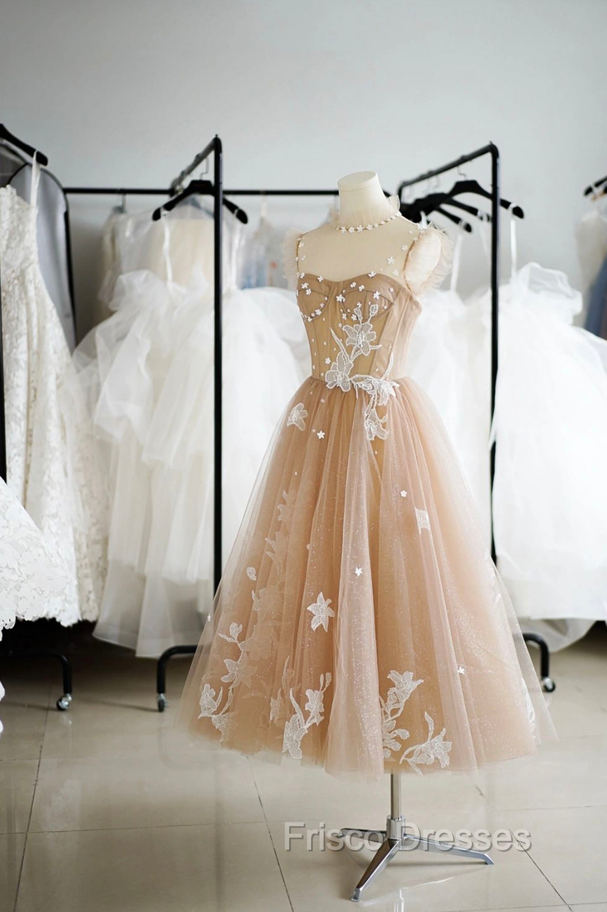 Champagne Lace Short A-Line Formal Prom Dress, Cute Homecoming Party Dress