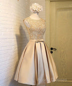Champagne Lace Short Formal Prom Dress, Cute Homecoming Dress