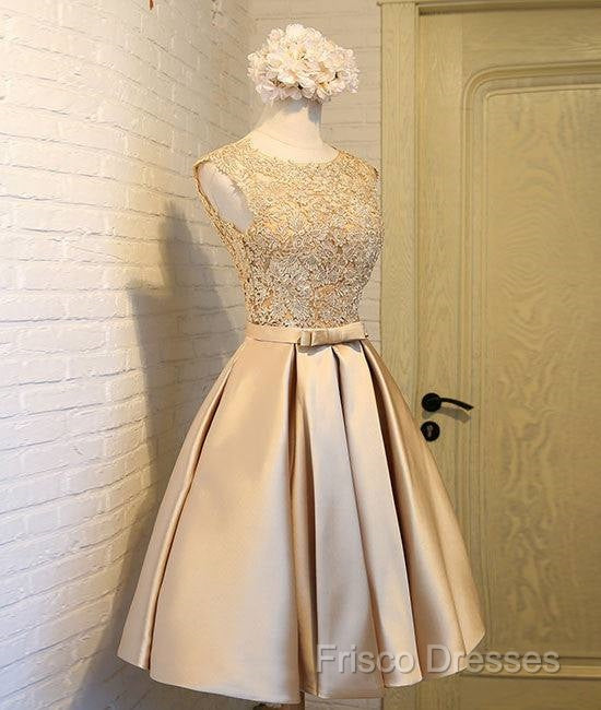 Champagne Lace Short Formal Prom Dress, Cute Homecoming Dress