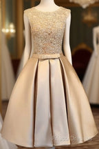 Champagne Lace Short Formal Prom Dress, Cute Homecoming Dress