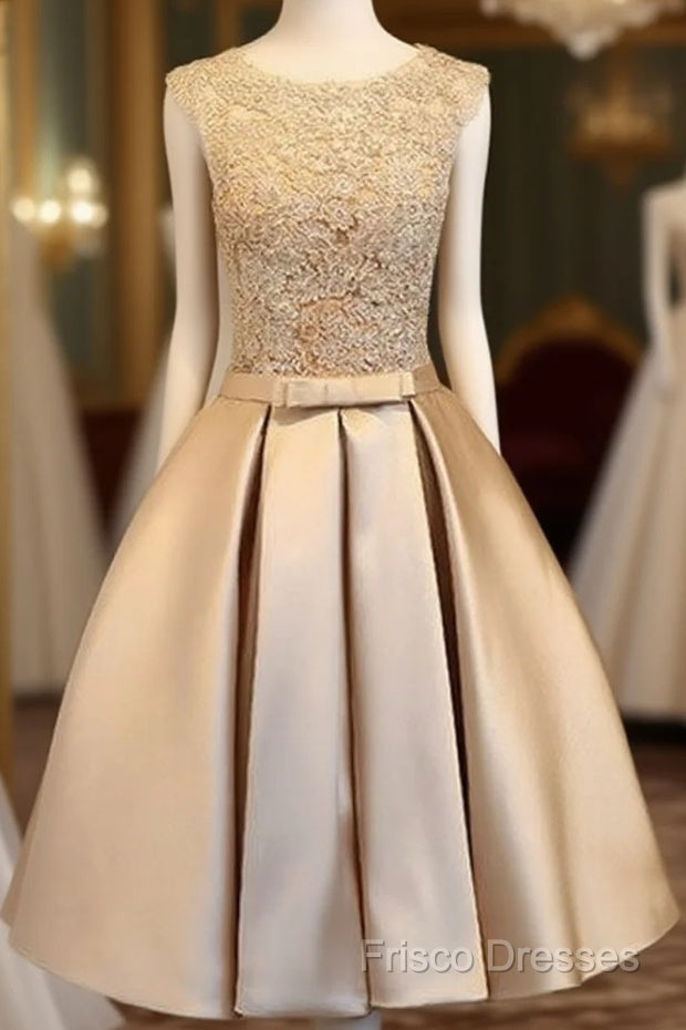 Champagne Lace Short Formal Prom Dress, Cute Homecoming Dress