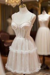 Champagne Lace Short Formal Prom Dress, Spaghetti Straps Party Dress with Pearl