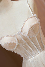 Champagne Lace Short Formal Prom Dress, Spaghetti Straps Party Dress with Pearl
