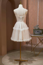 Champagne Lace Short Formal Prom Dress, Spaghetti Straps Party Dress with Pearl