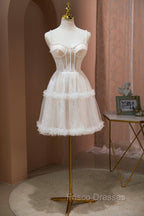 Champagne Lace Short Formal Prom Dress, Spaghetti Straps Party Dress with Pearl