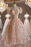 Champagne Lace Short Sleeve Beading Short Formal Prom Dress