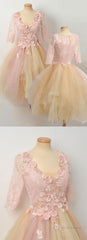 Champagne Lace Tulle Cute Homecoming Dress