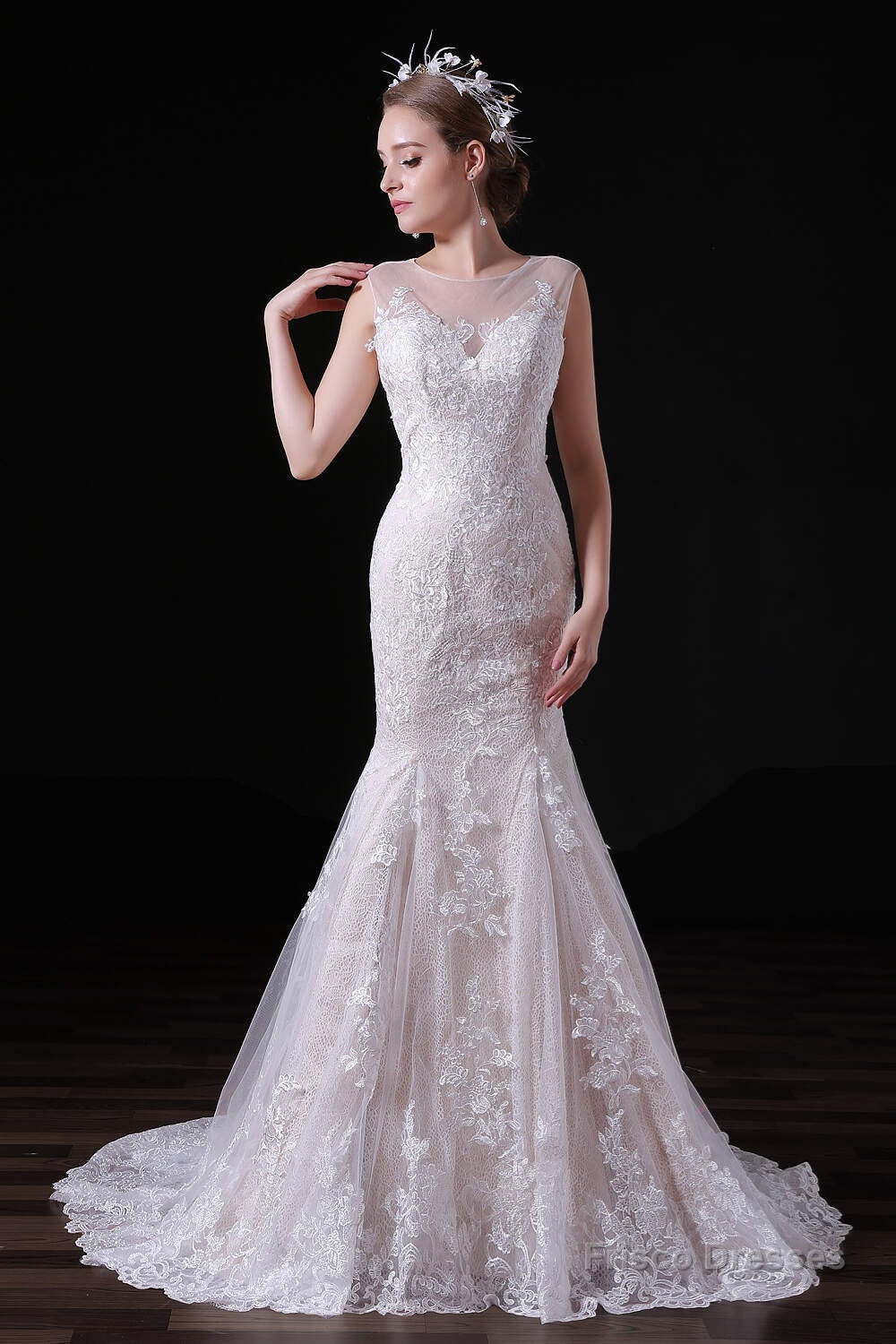 Champagne Lace Tulle Mermaid Long Wedding Dresses Secondary image