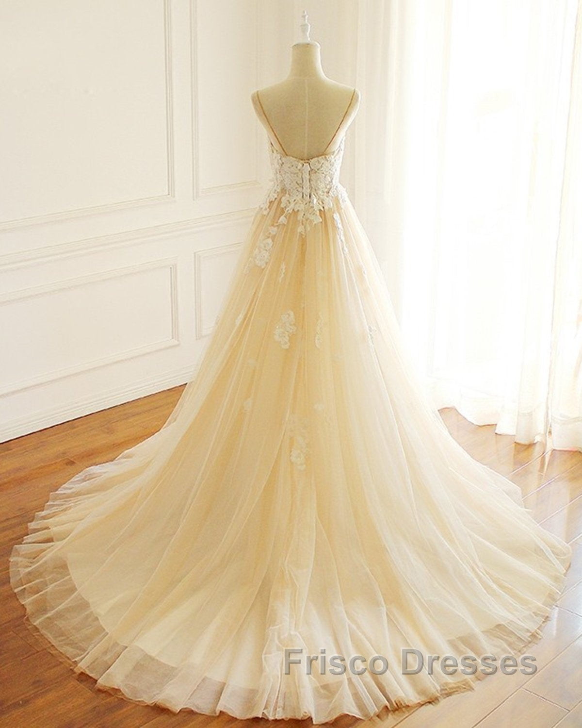 Champagne Long A-line Sweetheart Tulle Spaghetti Sweep Train Wedding Dress Secondary image