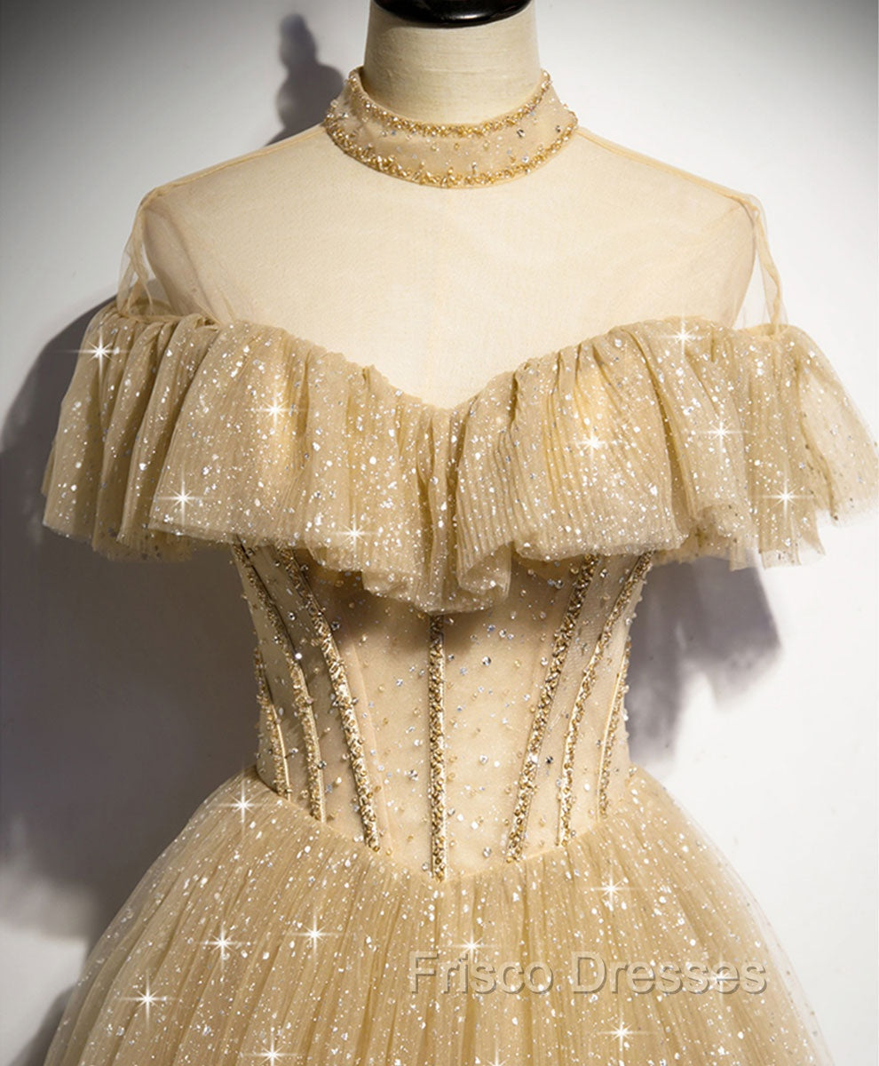 Champagne Long Formal Prom Dress, Aline Champagne Graduation Dress with Beading Secondary image