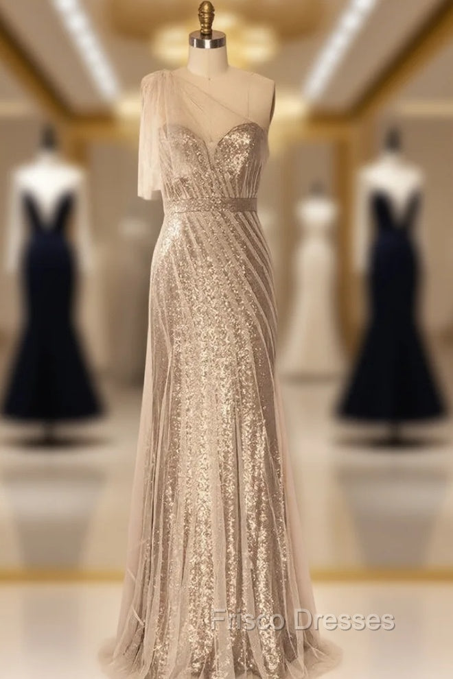 Champagne Long Sheath Evening Dress One Shoulder Sequins Tulle Women Main image