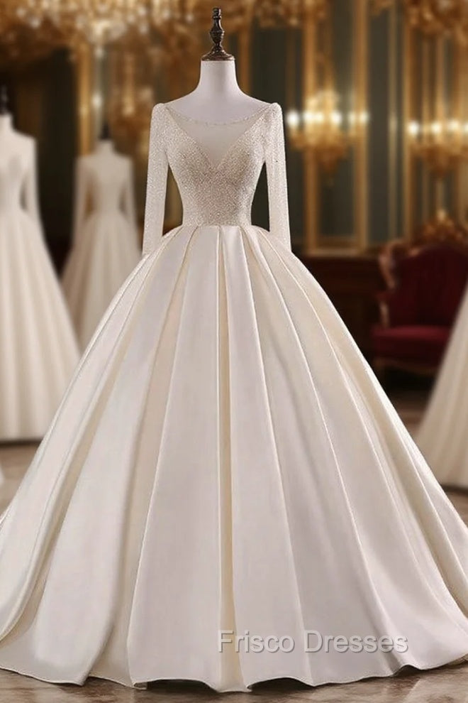 Champagne Long Sleeve Backless Satin Beading Wedding Dress Main image
