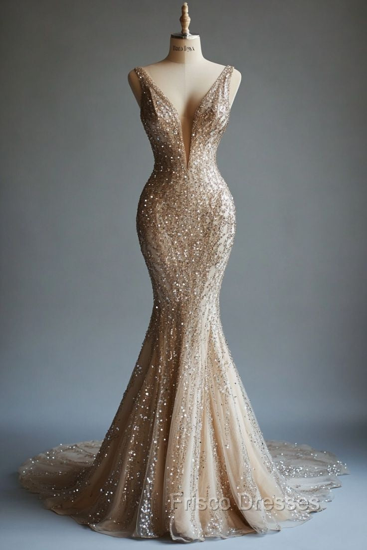 Champagne Mermaid Deep V Neck Tulle Sequin Beaded Long Formal Prom Dress Sexy Evening Dress