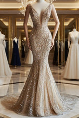 Champagne Mermaid Deep V Neck Tulle Sequin Beaded Long Formal Prom Dress Sexy Evening Dress
