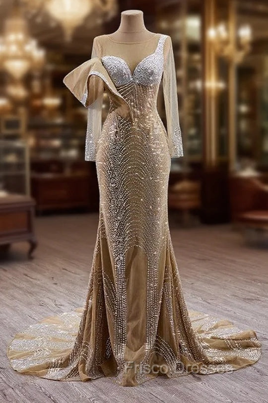 Champagne Mermaid Long Sleeve Beading Formal Prom Dress