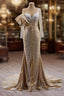 Champagne Mermaid Long Sleeve Beading Formal Prom Dress