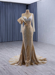 Champagne Mermaid Long Sleeve Beading Prom Dress