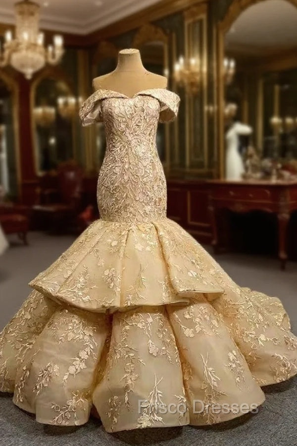 Champagne Mermaid Off the Shoulder Appliques Formal Prom Dress