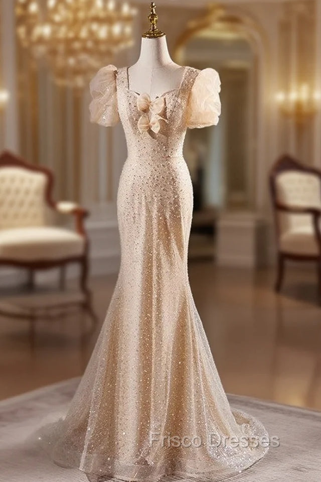 Champagne Mermaid Puff Sleeve Pearls Formal Prom Dress