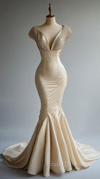 Champagne Mermaid Satin Beaded V-Neck Long Ball Dress, Elegant Evening Dress