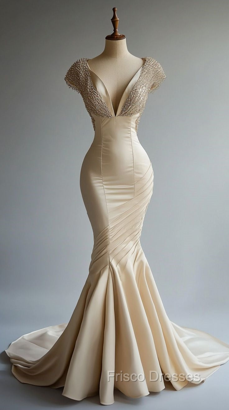 Champagne Mermaid Satin Beaded V-Neck Long Ball Dress, Elegant Evening Dress
