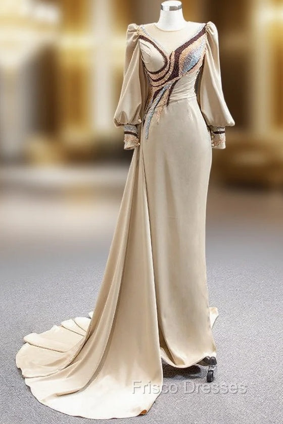 Champagne Mermaid Satin Long Sleeve Beading Formal Prom Dress Main image