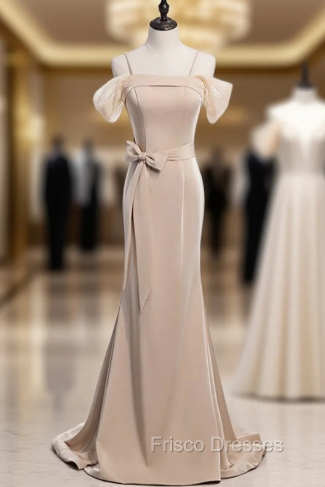 Champagne Mermaid Satin Spagehtti Straps Formal Prom Dress With Sash Main image