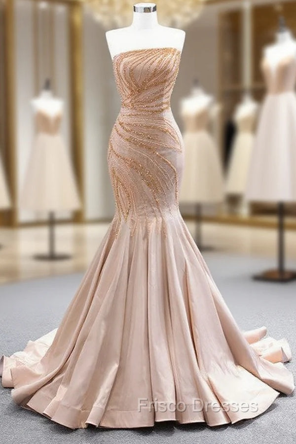 Champagne Mermaid Satin Strapless Beading Sequins Formal Prom Dress Main image