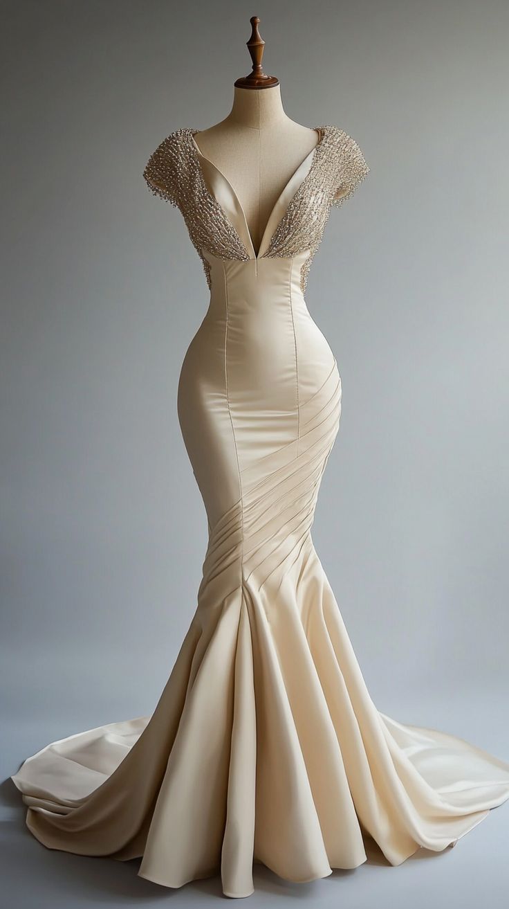 Champagne Mermaid Satin Beaded V-Neck Long Ball Dress, Elegant Evening Dress Main image