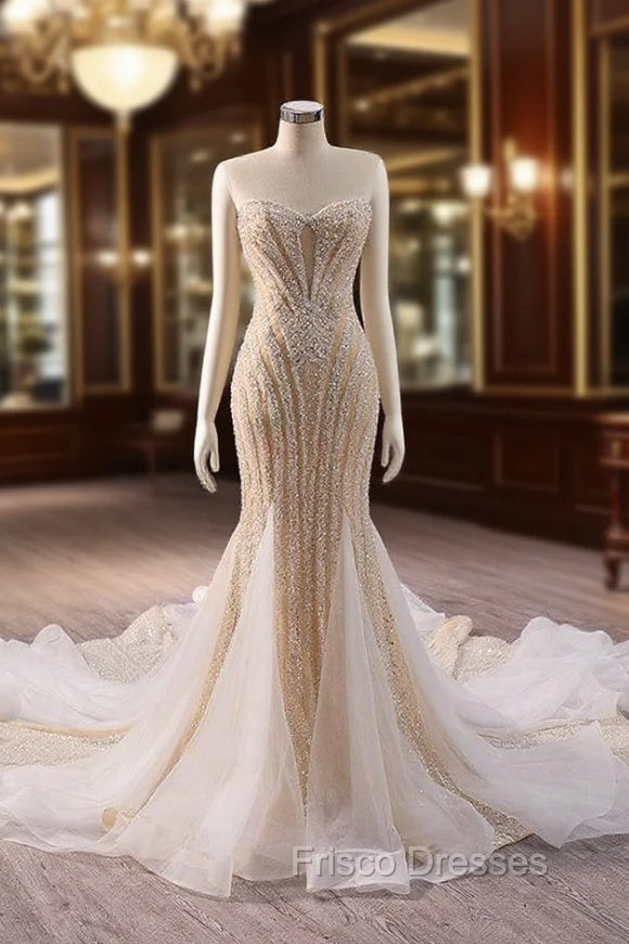 Champagne Mermaid Sequins Beading Formal Prom Dress