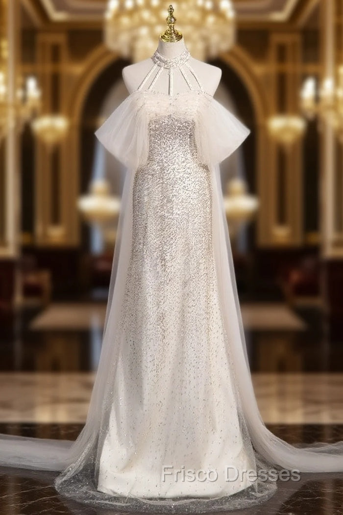 Champagne Mermaid Sequins Halter Formal Prom Dress