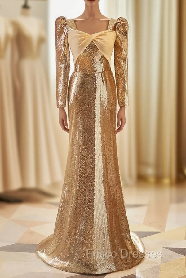 Champagne Mermaid Sequins Long Sleeve Formal Prom Dress Main image