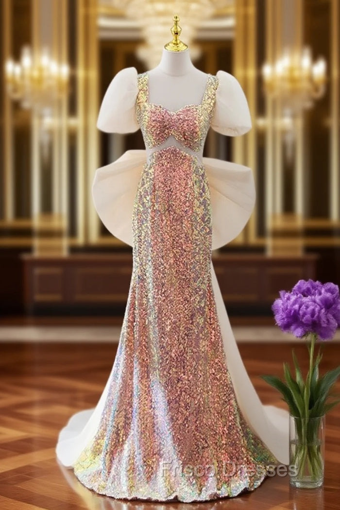 Champagne Mermaid Sequins Formal Prom Dress