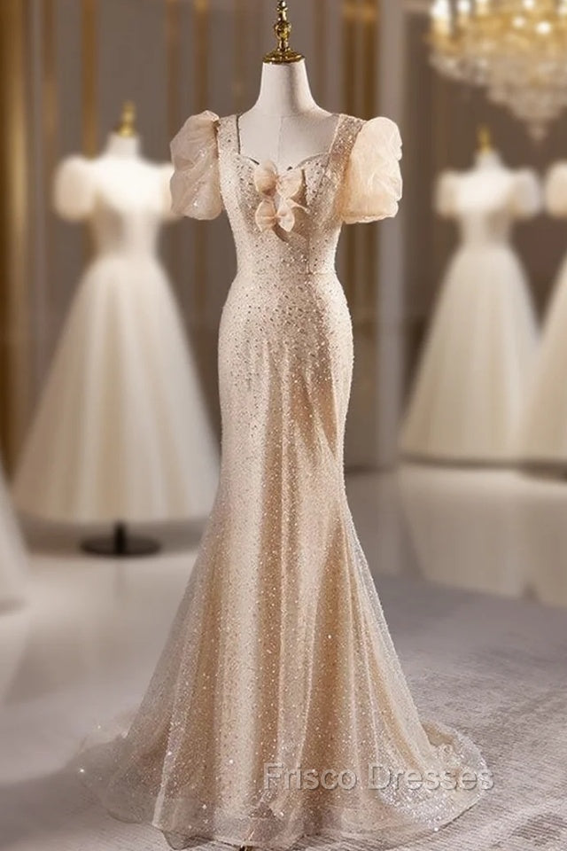 Champagne Mermaid Sequins Puff Sleeve Formal Prom Dress Main image