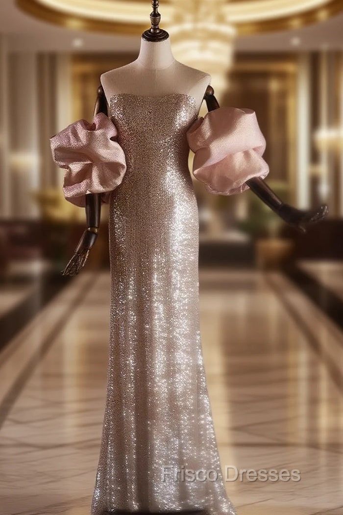 Champagne Mermaid Sequins Puff Sleeve Strapless Formal Prom Dress Main image