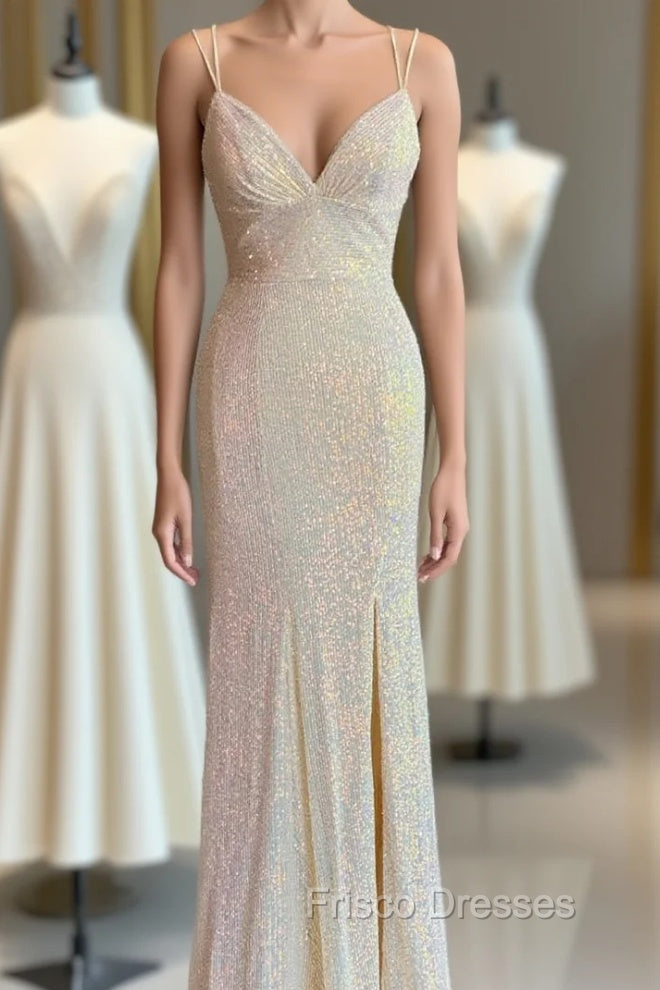 Champagne Mermaid Sequins Spaghetti Straps Formal Prom Dress Main image