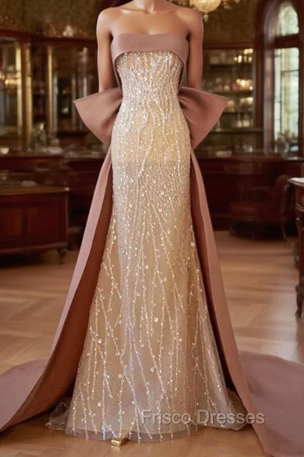 Champagne Mermaid Sequins Strapless Formal Prom Dress