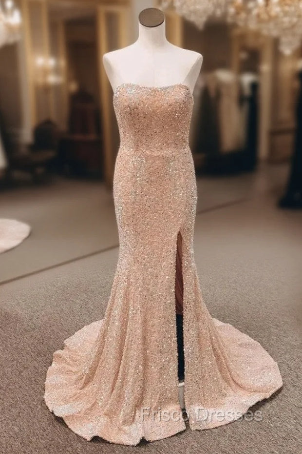 Champagne Mermaid Sequins Strapless Split Formal Prom Dress