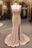 Champagne Mermaid Sequins Strapless Split Formal Prom Dress