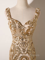 Champagne Mermaid Sequins Straps Evening Dress, Champagne Sequins Formal Prom Dress