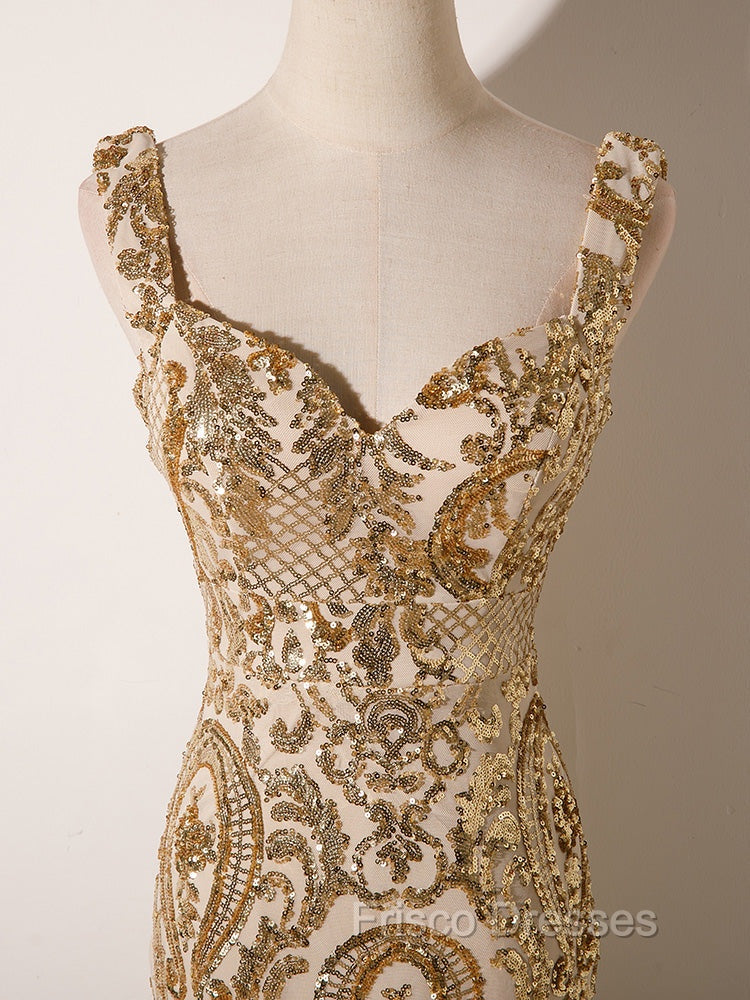 Champagne Mermaid Sequins Straps Evening Dress, Champagne Sequins Formal Prom Dress