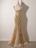 Champagne Mermaid Sequins Straps Evening Dress, Champagne Sequins Formal Prom Dress