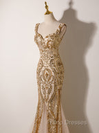 Champagne Mermaid Sequins Straps Evening Dress, Champagne Sequins Formal Prom Dress