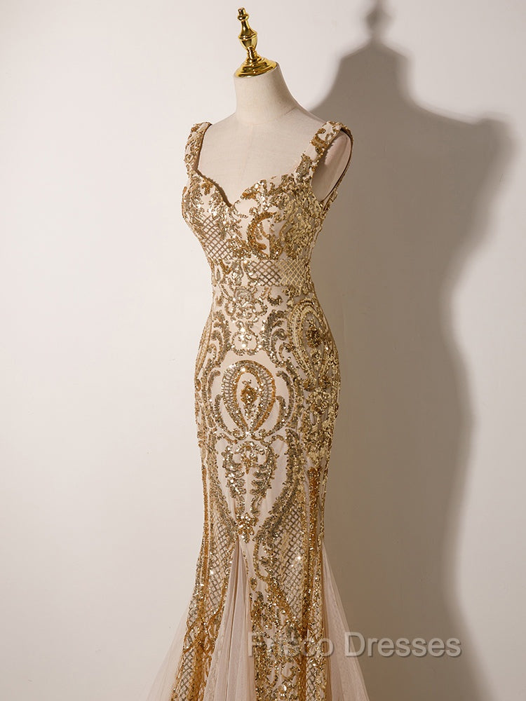 Champagne Mermaid Sequins Straps Evening Dress, Champagne Sequins Formal Prom Dress