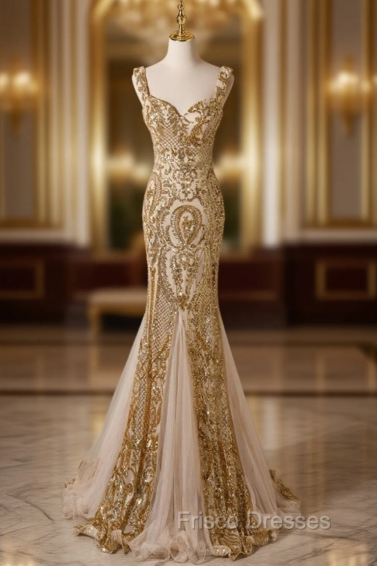 Champagne Mermaid Sequins Straps Evening Dress, Champagne Sequins Formal Prom Dress Main image