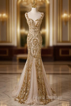 Champagne Mermaid Sequins Straps Evening Dress, Champagne Sequins Formal Prom Dress