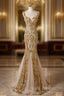 Champagne Mermaid Sequins Straps Evening Dress, Champagne Sequins Formal Prom Dress